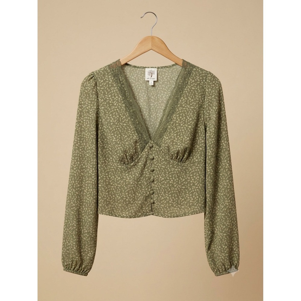 Self Esteem Olive Green Peasant Floral Lace Trim V-Neck Long Sleeve Crop Top M